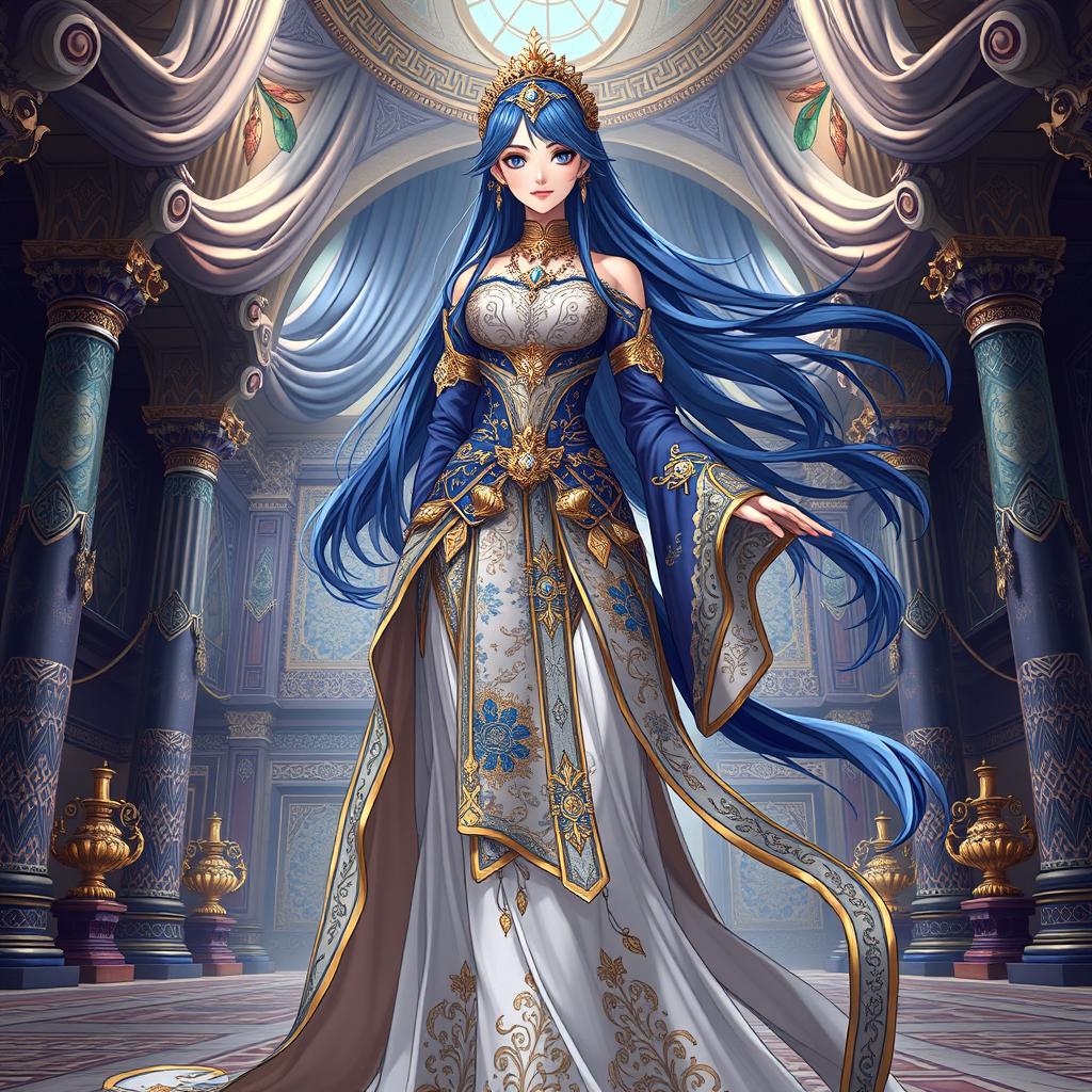 A full-body depiction of a captivating female character inspired by Mavuika from Genshin Impact, elegantly dressed in elaborate ancient Persian clothing