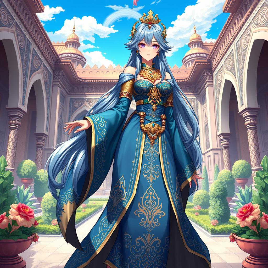 A full-body illustration of a striking female character inspired by Mavuika from Genshin Impact, adorned in elaborate ancient Persian clothing