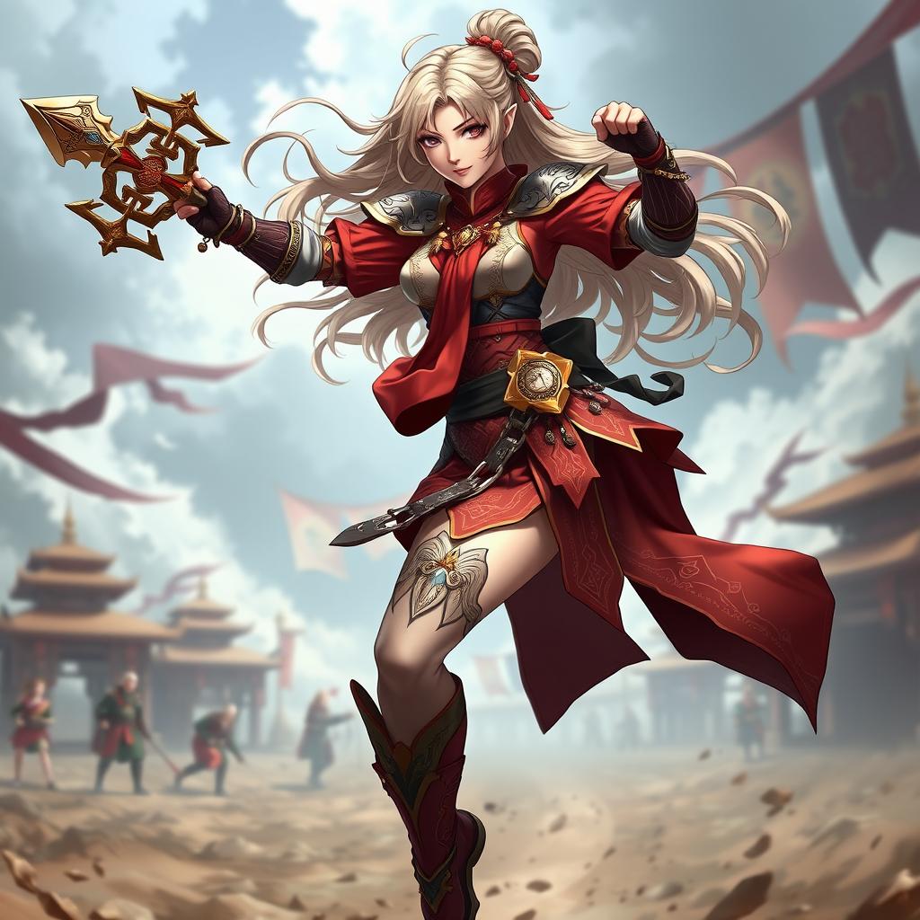 A dynamic full-body depiction of a fierce female character inspired by Mavuika from Genshin Impact, dressed in intricately designed ancient Persian clothing suitable for combat