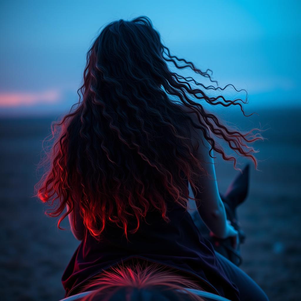 A distant view of a woman with long, curly hair flowing freely as she rides a horse