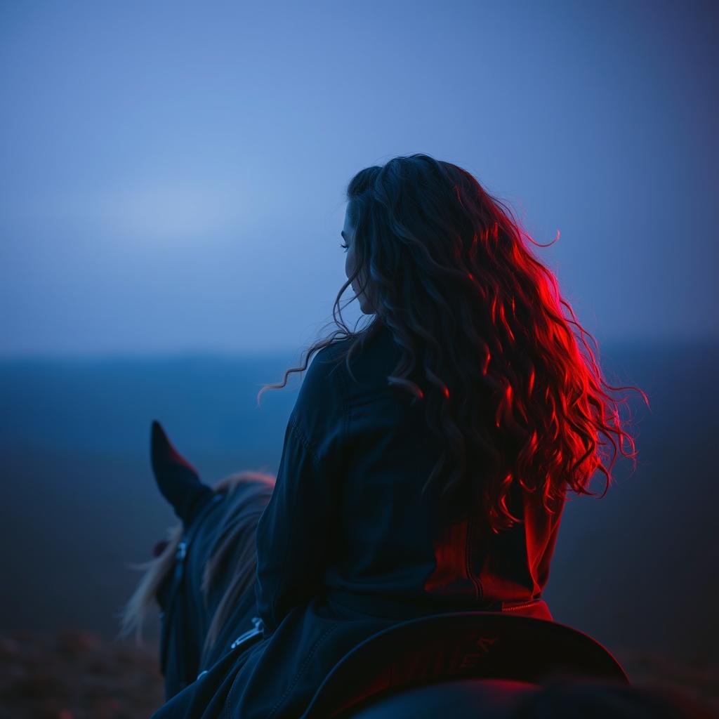 A distant view of a woman with long, curly hair flowing freely as she rides a horse