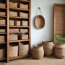 In the teak wood furniture storage room, add several beautiful baskets made from water hyacinth and seagrass scattered artfully around the room.