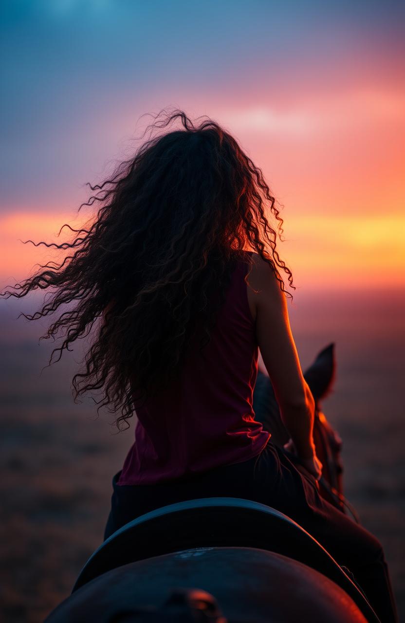 A distant view of a woman with very curly hair flowing freely as she rides a horse