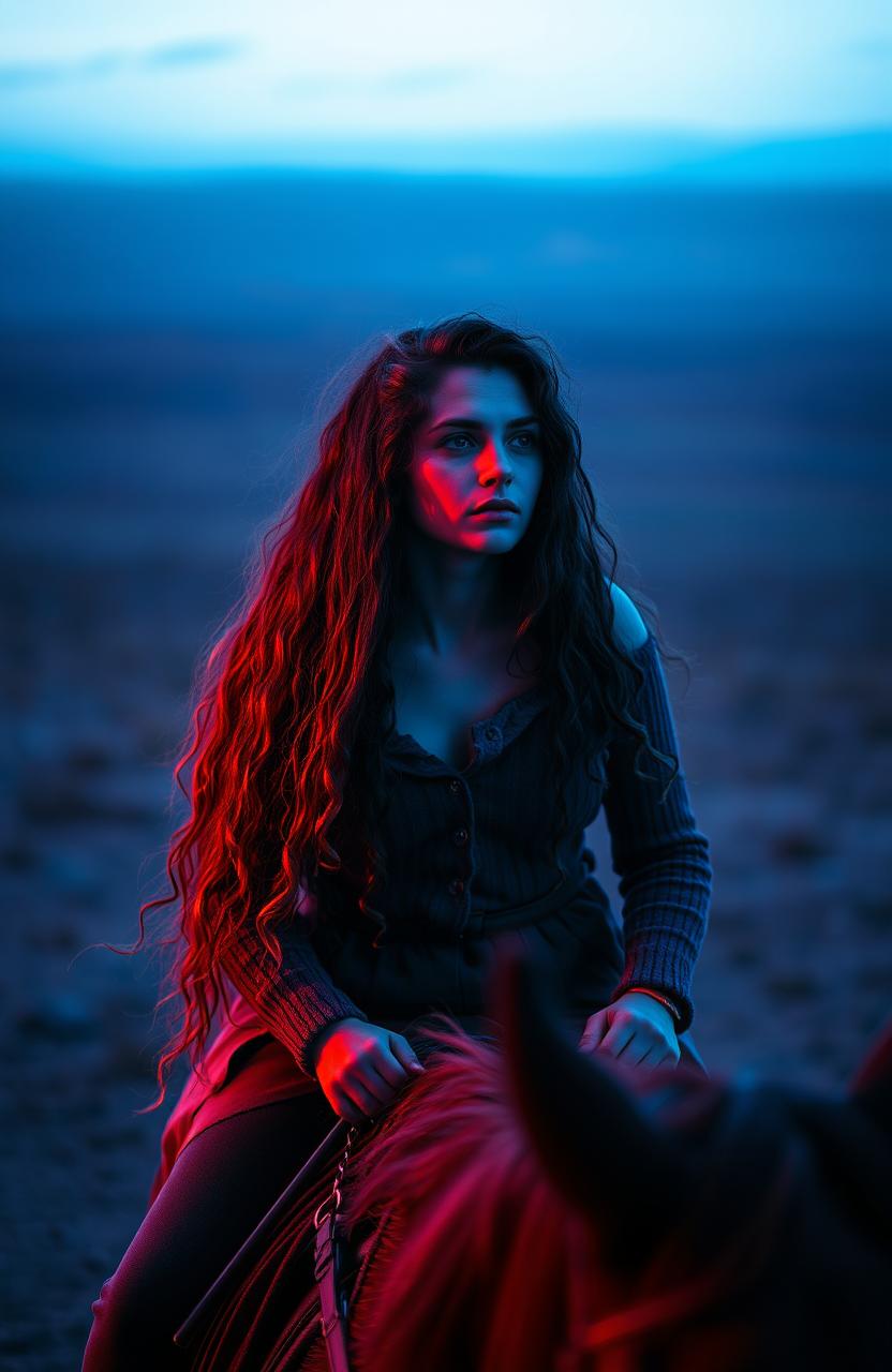 A woman with long, curly hair riding a horse, her melancholic posture and somber expression gazing into the horizon