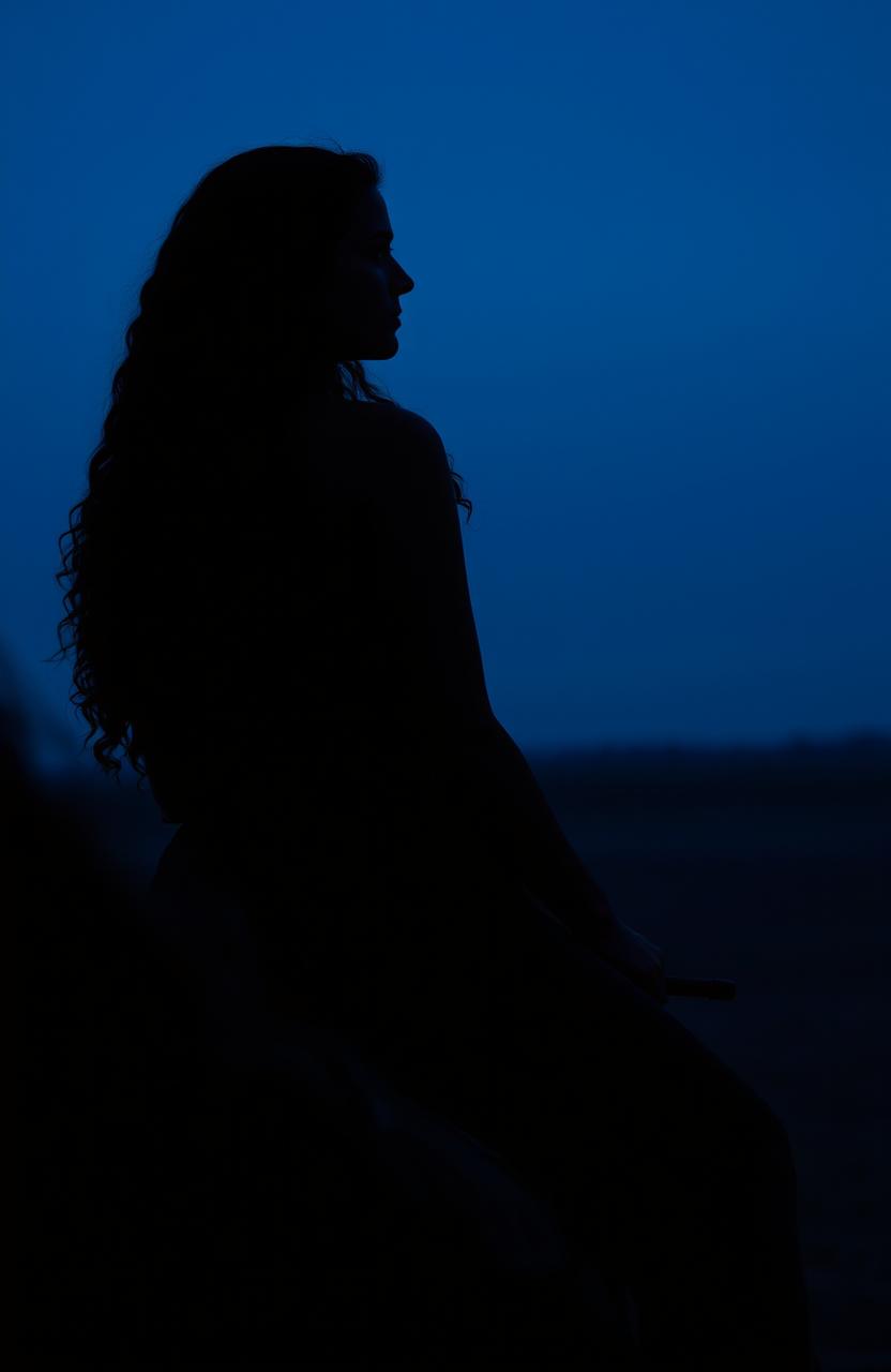 A silhouette of a woman with long, curly hair riding a horse, embodying a melancholic posture