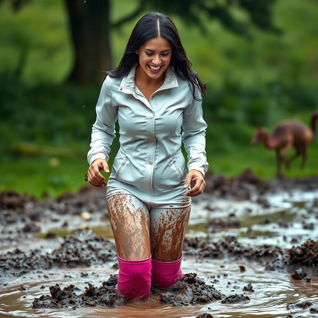 A stunning woman in her 30s named Clara, with dark hair, joyfully playing in a muddy environment