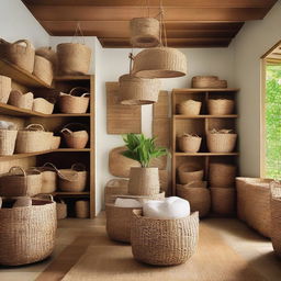 The teak furniture storage room now includes scattered baskets made from water hyacinth and seagrass, bamboo chairs, and hanging pendant lights woven from rattan, to enhance the natural aesthetic.