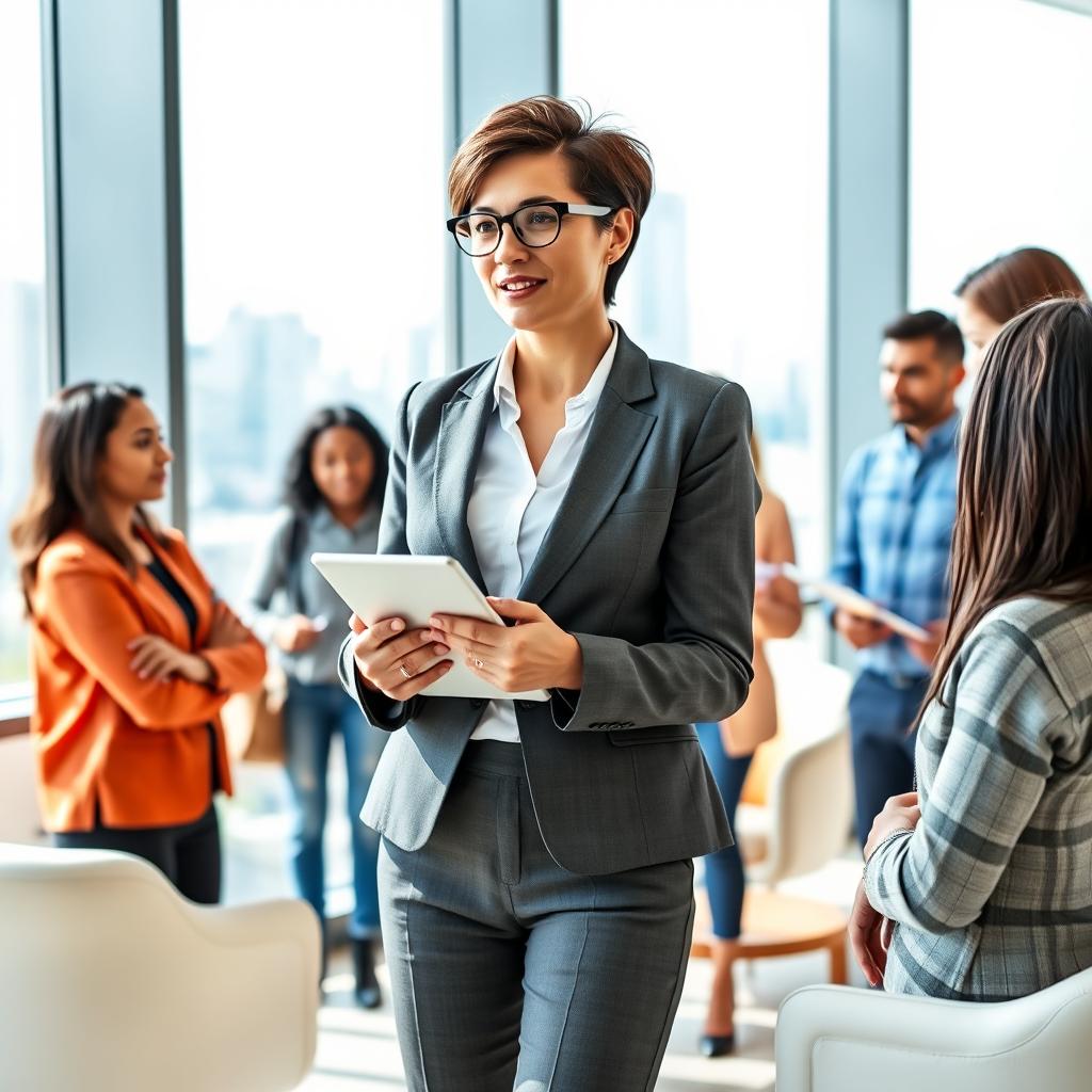A female corporate engineering mentor, confidently standing in a modern office environment, dressed in a sharp business suit, holding a tablet and engaging with a group of young engineers