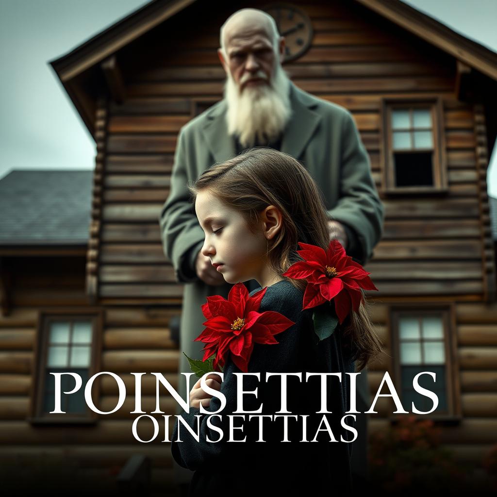 A girl facing sideways, looking sad with her eyes closed, gently holding a vibrant poinsettia flower in her hands