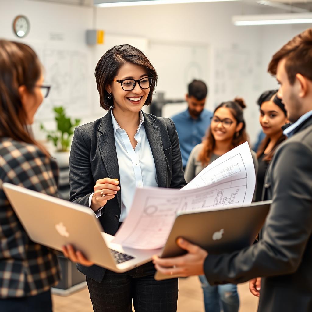 A professional female engineering mentor in a modern office setting, wearing smart business attire, confidently explaining concepts using a blueprint and a laptop