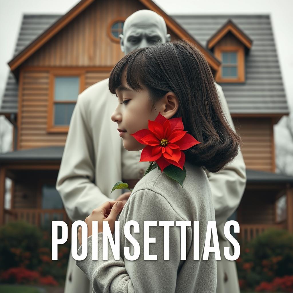 A girl facing sideways, looking sad with her eyes closed, delicately holding a bright poinsettia flower in her hands