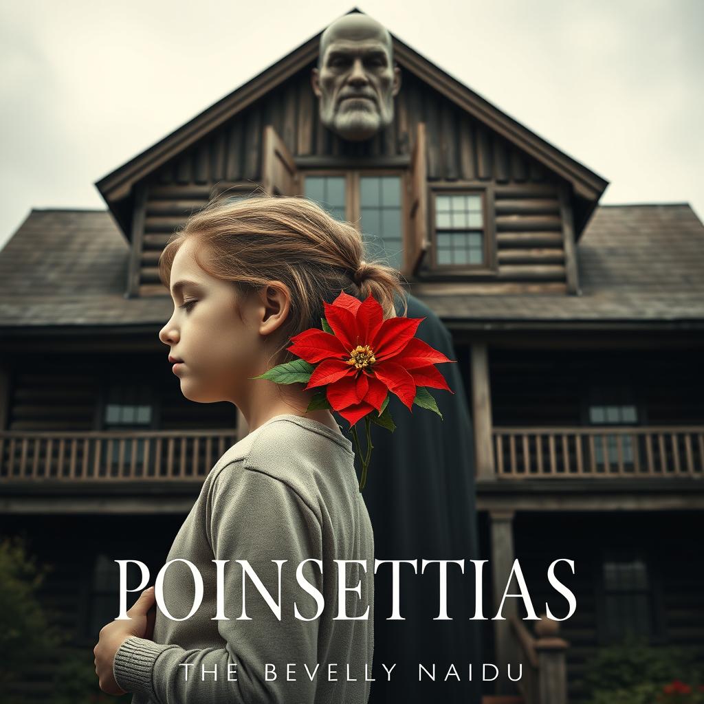 A girl facing sideways, looking sad with her eyes closed, gently holding a vibrant poinsettia flower in her hands