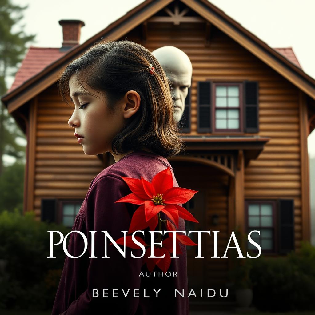 A girl facing sideways, looking sad with her eyes closed, tenderly holding a bright poinsettia flower in her hands