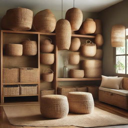 The teak furniture storage room now includes scattered baskets made from water hyacinth and seagrass, bamboo chairs, and hanging pendant lights woven from rattan, to enhance the natural aesthetic.