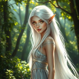 A stunning female elf with long, flowing white hair and striking golden eyes