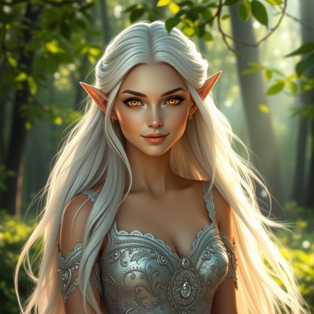 A stunning female elf with long, flowing white hair and striking golden eyes