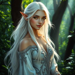 A stunning female elf with long, flowing white hair and striking golden eyes
