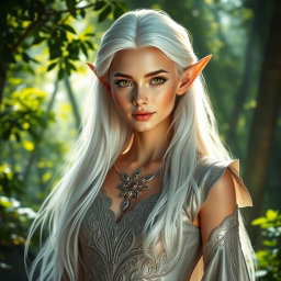 A stunning female elf with long, flowing white hair and striking golden eyes