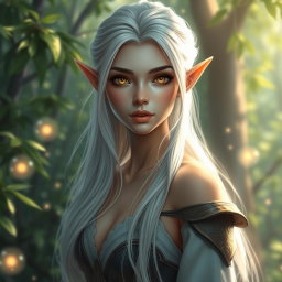 A beautiful female elf with striking golden eyes, delicate small lips, and long flowing white hair