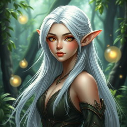 A beautiful female elf with striking golden eyes, delicate small lips, and long flowing white hair
