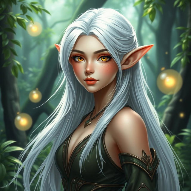 A beautiful female elf with striking golden eyes, delicate small lips, and long flowing white hair