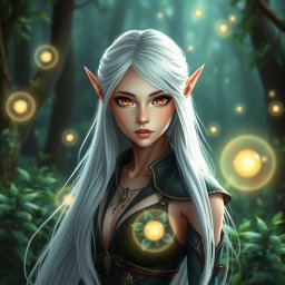 A beautiful female elf with striking golden eyes, delicate small lips, and long flowing white hair