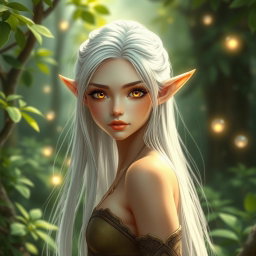 A beautiful female elf with striking golden eyes, delicate small lips, and long flowing white hair