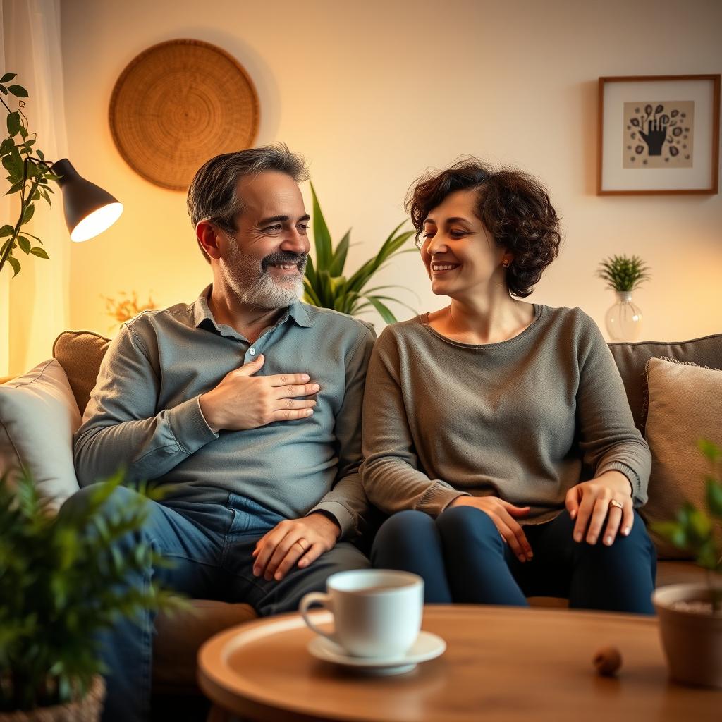 A serene and uplifting scene of a father and mother enjoying a peaceful moment together in their cozy living room, showcasing their focus on mental wellness
