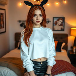 A sexy 18-year-old girl with a smooth face and shoulder-length red hair, exuding youthful charm and confidence