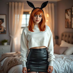 A sexy 18-year-old girl with a smooth face and shoulder-length red hair, exuding youthful charm and confidence