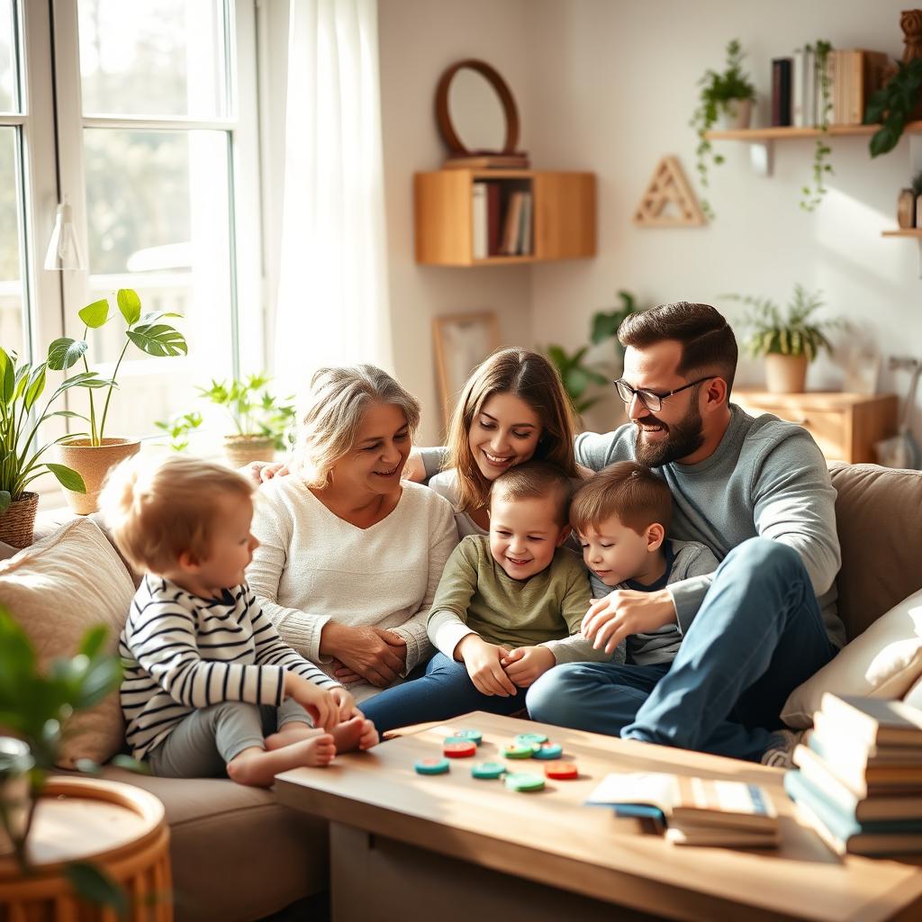 A heartwarming scene of a mother and father, along with their two children, enjoying a moment of tranquility in their cozy living room