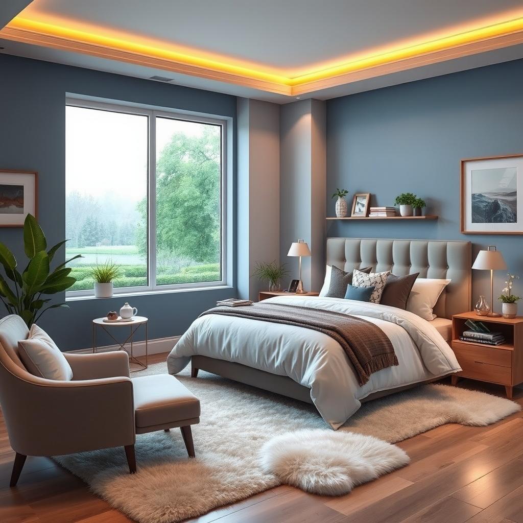 A beautifully designed modern bedroom featuring a cozy queen-sized bed with a plush comforter, stylish nightstands on either side, and warm ambient lighting