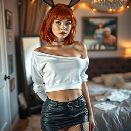 A sexy 18-year-old girl with a smooth face and shoulder-length red hair, showcasing her youthful beauty and confidence