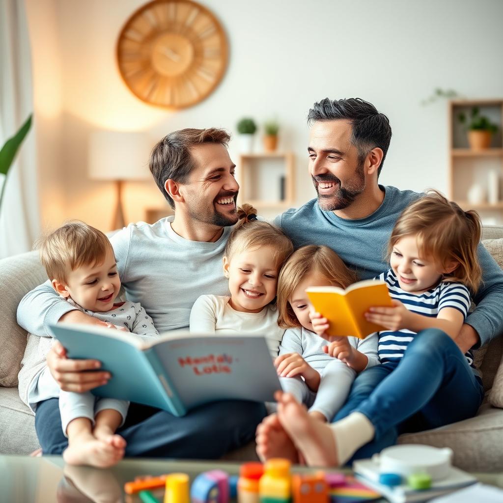 A warm and joyful scene of a father and mother sitting together with their two children, all radiating happiness and contentment