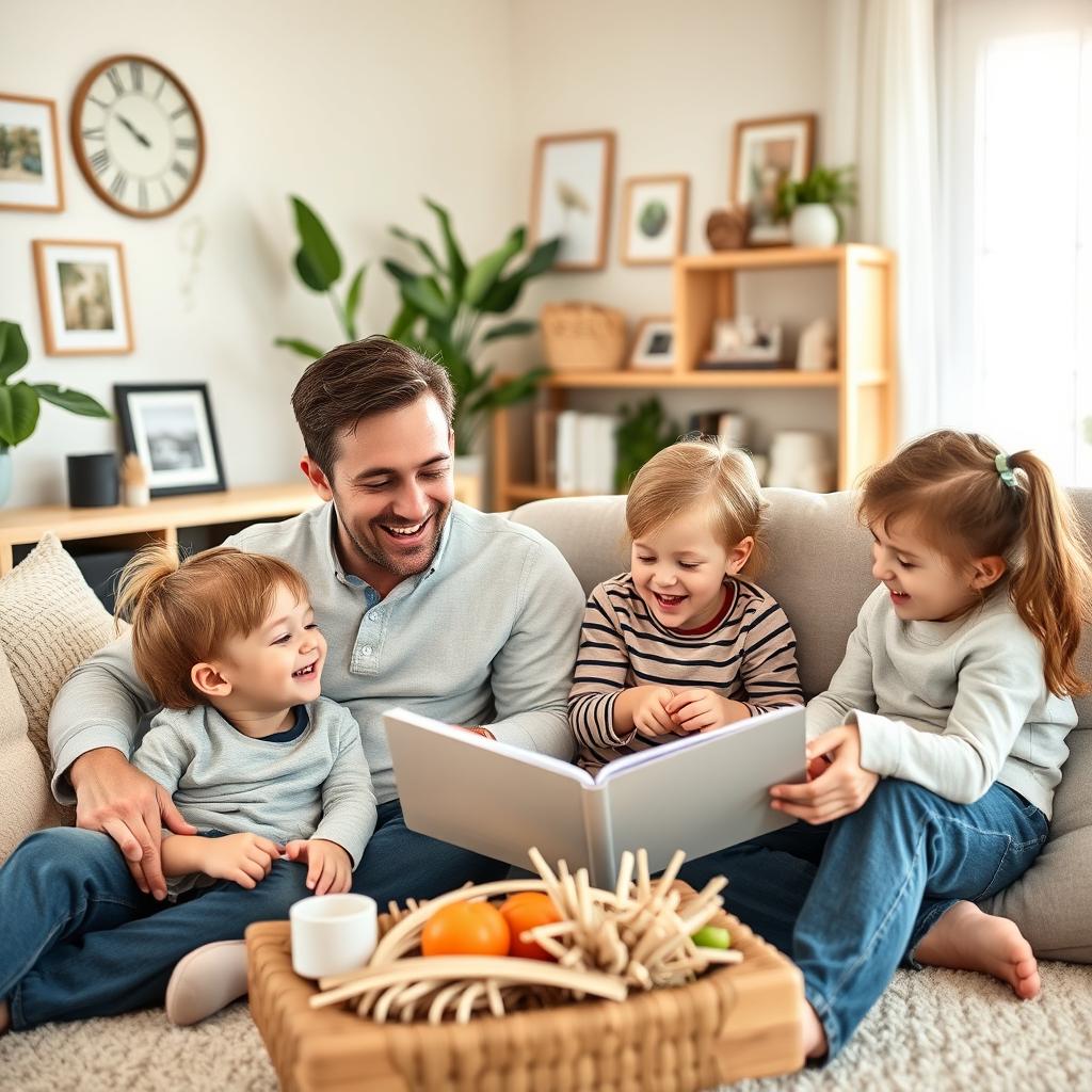 A joyful and peaceful scene featuring a father and mother with their two children, all enjoying quality time together in a beautifully arranged living room