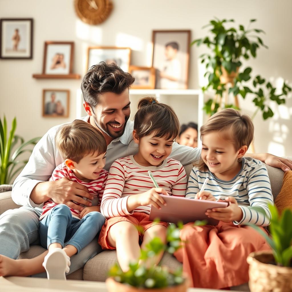 A delightful scene showcasing a father and mother with their two children, all engaged in a happy and peaceful family moment