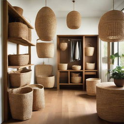 The teak furniture storage room now includes scattered baskets made from water hyacinth and seagrass, bamboo chairs, and hanging pendant lights woven from rattan, to enhance the natural aesthetic.