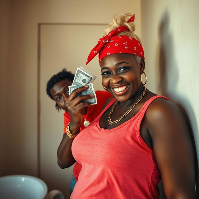 Inside a basic room, a young African woman, short and malnourished at 20 years old, has deeply black skin and an angry expression as she blows air from her mouth