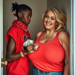 Inside a basic room, a young African woman, short and malnourished at 20 years old, has deeply black skin and an angry expression as she blows air from her mouth