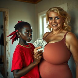 Inside a basic room, a young African woman, short and malnourished at 20 years old, has deeply black skin and an angry expression as she blows air from her mouth