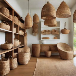 The teak furniture storage room now includes scattered baskets made from water hyacinth and seagrass, bamboo chairs, and hanging pendant lights woven from rattan, to enhance the natural aesthetic.