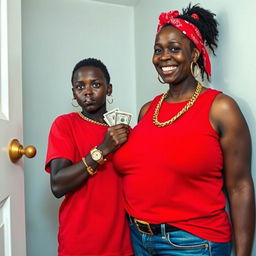 Inside a basic room, a young African woman, short and malnourished at 25 years old, has deeply black skin and an angry expression as she blows air from her mouth
