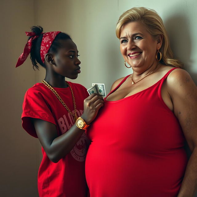 Inside a basic room, a young African woman, short and malnourished at 25 years old, has deeply black skin and an angry expression as she blows air from her mouth