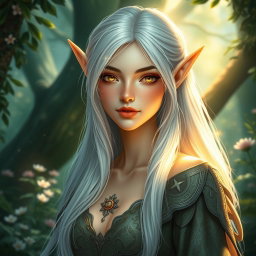 A mesmerizing female elf with radiant golden eyes, petite small lips, and cascading long white hair