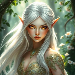 A mesmerizing female elf with radiant golden eyes, petite small lips, and cascading long white hair