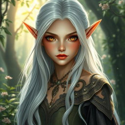 A mesmerizing female elf with radiant golden eyes, petite small lips, and cascading long white hair