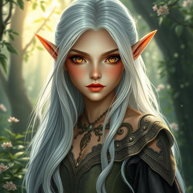 A mesmerizing female elf with radiant golden eyes, petite small lips, and cascading long white hair