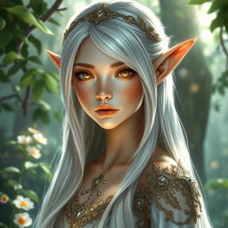 A mesmerizing female elf with radiant golden eyes, petite small lips, and cascading long white hair