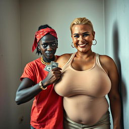 Inside a basic room, a young African woman, short and malnourished at 25 years old, features deep black skin and an angry expression, conveying a fierce attitude