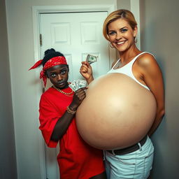 Inside a basic room, a young African woman, short and malnourished at 25 years old, features deep black skin and an angry expression, conveying a fierce attitude